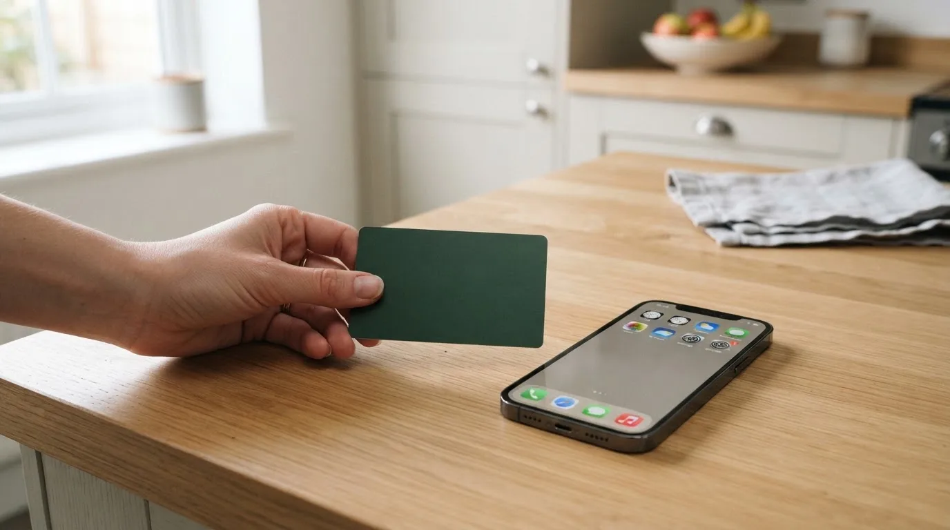 Een hand houdt een betaalpas vast naast een smartphone op een houten aanrecht in een moderne keuken.