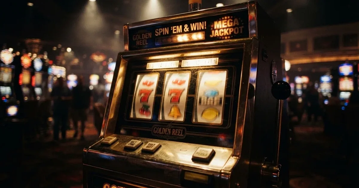Een close-up van kleurrijke gokkasten met knipperende lichten in een schemerig casino, zonder zichtbare spelers of tekst.