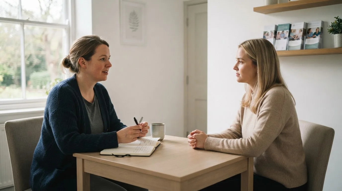 Twee mensen praten rustig tegenover elkaar in een sobere spreekkamer met daglicht door een raam, zonder zichtbare tekst.